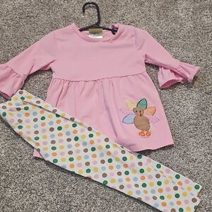 Thanksgiving 3T Pink Ruffle Top and Polka Dot Leggings Set Excellent Condition